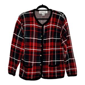 Crystal Kobe Womens Red Plaid Button Front Cardigan‎ Sweater Gold Buttons Size M